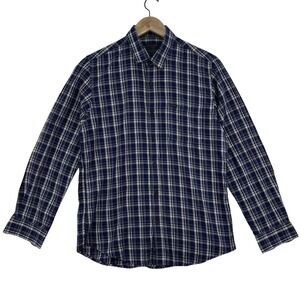 Peter England Slim Fit Plaid Shirt Mens Large Blue White Casual 100% Cotton‎